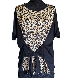 Goddess Black and Leopard Animal Print Short Sleeve Tie-Front Top